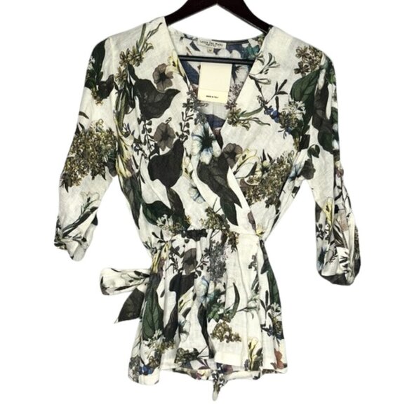 Giulia Dal Piano Size Medium NEW Linen Floral Surplice Blouse Roll Tab Belted - Picture 1 of 9